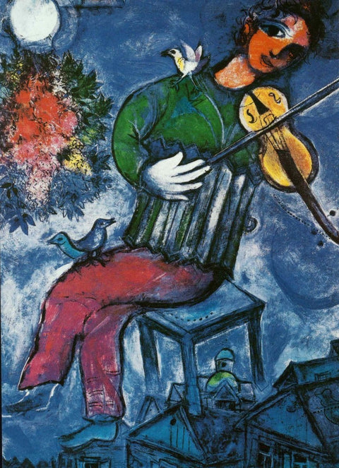 Kunstpostkarte Marc Chagall "Blauer Geiger" - Farbenfrohes Violinist - Kunstwerk im expressionistischen Stil