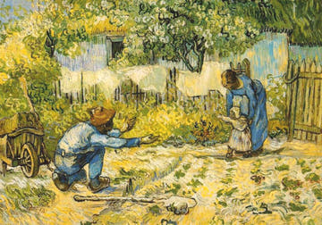 Kunstpostkarte Van Gogh Frühlingsgarten mit Familie und blühenden Bäumen hochwertige Postkarte für Kunstliebhaber