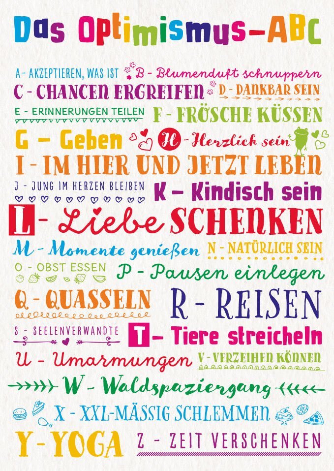 Lebensweisheit Postkarte: Das Optimismus - ABC für Hoffnung und positive Gedanken