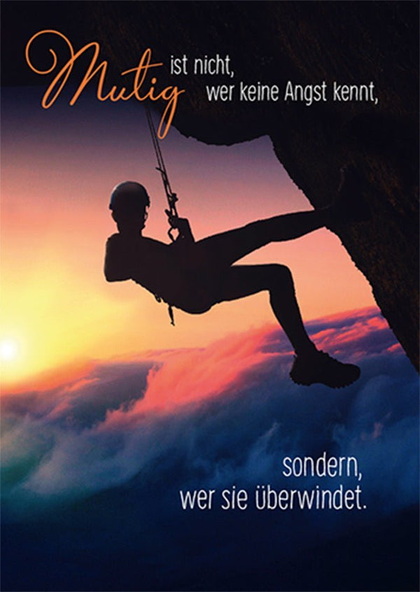 Lebensweisheit Postkarte – Mut & Abenteuer, Kletter-Silhouette bei Sonnenuntergang, Angst überwinden