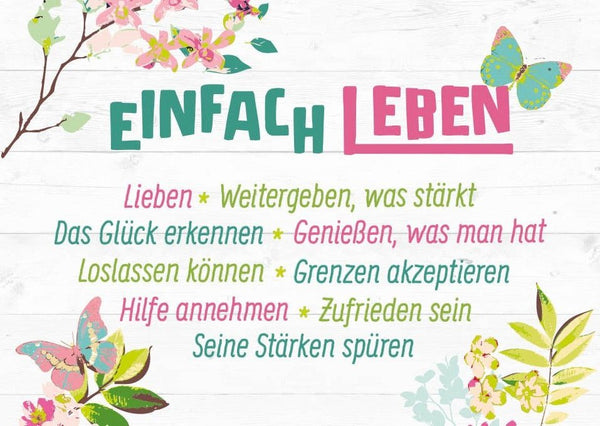 Lebensweisheit Postkarte - Schmetterlinge & Blumen: Glück und Zufriedenheit teilen
