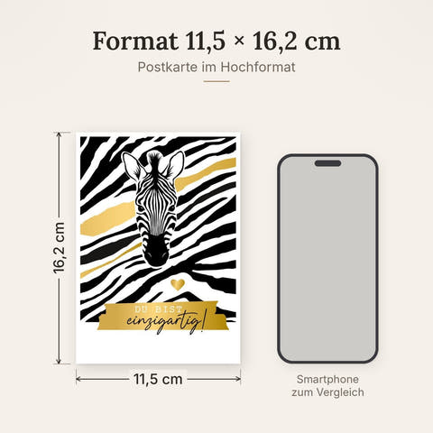 Lebensweisheiten Postkarte Du bist einzigartig Zebra Motiv Schwarz Gold Herz inspirierende Grußkarte Mutmacher Geschenk Idee