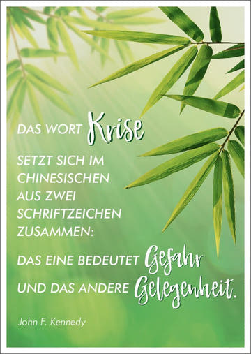 Lebensweisheiten - Postkarte: JFK Zitat & Chinesische Schriftzeichen, Grün mit Bambus - Design