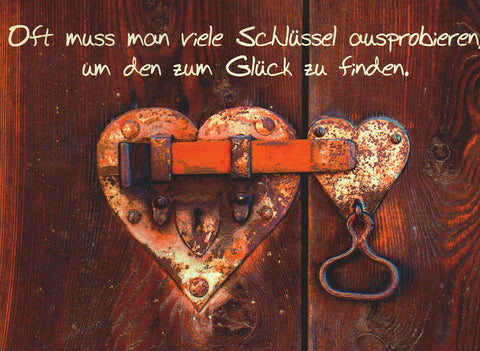 Lebensweisheiten Postkarte mit Herz und Schloss Motiv inspirierender Spruch Schlüssel zum Glück hochwertige Grußkarte für besondere Momente