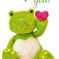 Liebeskarte - Herziger Plüschfrosch mit Herz "Just for You", Romantische Glückwunschkarte, Grün