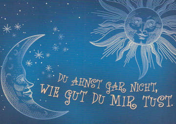 Liebespostkarte mit himmlischem Design: Sterne, Mond & Sonne, emotionale Nacht - Szene in Blau - Gold