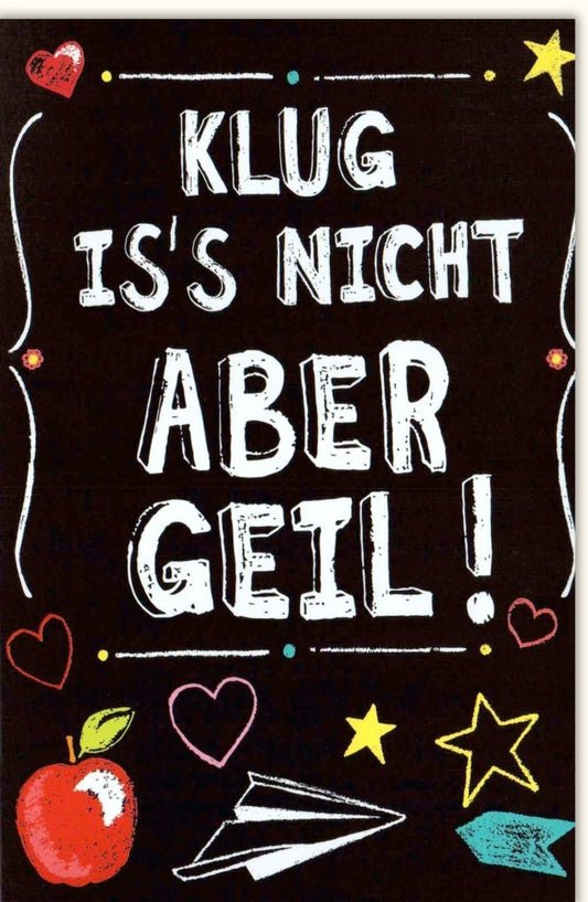 Lustige Feierkarte: Bunte Karte mit witzigen Sprüchen und fröhlichen Motiven - Herz, Stern, Apfel, Papierflieger - Perfekt für Partys