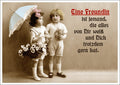 Lustige Freundschafts-Postkarte: Retro-Mädchen mit Schirm & Blumen für nostalgische Freude