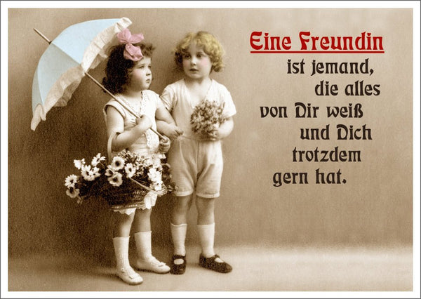 Lustige Freundschafts-Postkarte: Retro-Mädchen mit Schirm & Blumen für nostalgische Freude