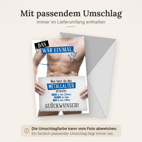 Lustige Geburtstagskarte für Männer - Sixpack-Motiv, Humorvoller Spruch im Metallalter-Design in Gold & Silber, Blau