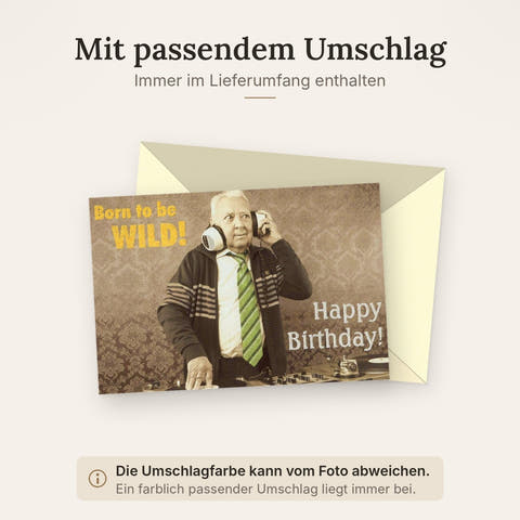 Lustige Geburtstagskarte für Senioren - Retro "Born to be WILD" Design mit DJ Opa & Schallplatte, Vintage Humor in Beige & Braun