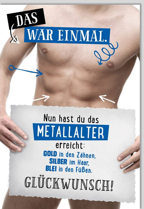 Lustige Geburtstagskarte für Männer - Sixpack - Motiv, Humorvoller Spruch im Metallalter - Design in Gold & Silber, Blau
