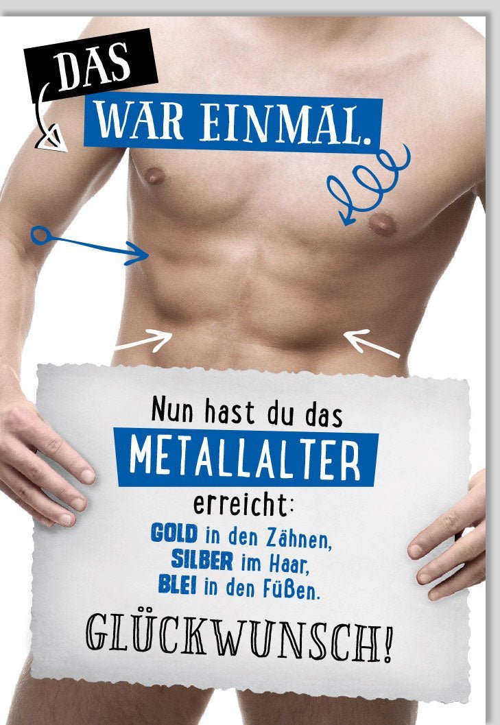 Lustige Geburtstagskarte für Männer - Sixpack - Motiv, Humorvoller Spruch im Metallalter - Design in Gold & Silber, Blau