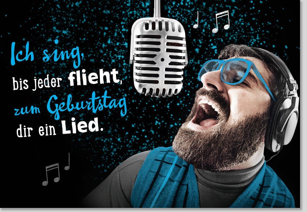 Lustige Geburtstagskarte: Humorvolles Kopfhörer & Mikrofon Design - Blaue Partykarte für Erwachsene und Jugendliche, Spaß garantiert!