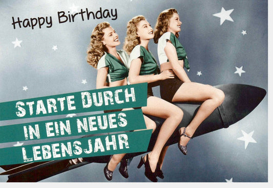 Lustige Geburtstagskarte im Retro - Stil: Vintage Rakete, Humorvolle Sprüche & Party - Motiv für originelle Glückwünsche