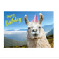 Lustige Geburtstagskarte: Lama mit Partyhut in den Bergen - Humorvolle Tiergrüße