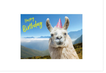 Lustige Geburtstagskarte: Lama mit Partyhut in den Bergen - Humorvolle Tiergrüße