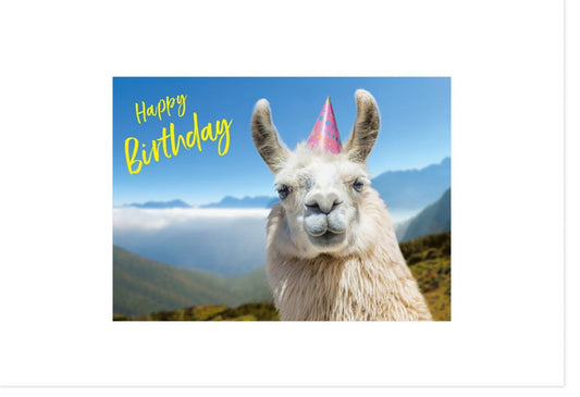 Lustige Geburtstagskarte: Lama mit Partyhut in den Bergen - Humorvolle Tiergrüße
