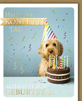 Lustige Geburtstagskarte mit Hund - Partyhut, Konfetti, Torte & Kerzen für humorvolle Feiern