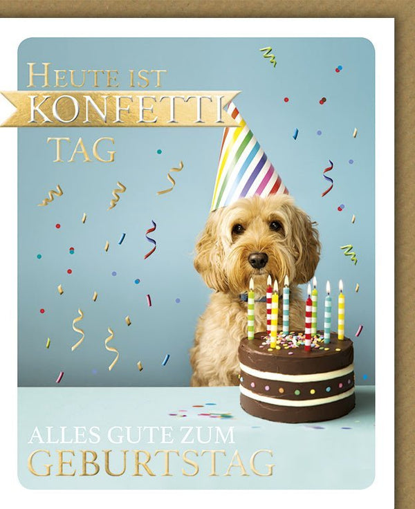 Lustige Geburtstagskarte mit Hund - Partyhut, Konfetti, Torte & Kerzen für humorvolle Feiern