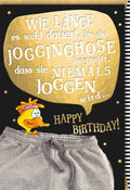 Lustige Geburtstagskarte mit Jogginghose Cartoon - Humorvolle Illustration in Gelb & Grau, Spaßiger Happy Birthday Gruß