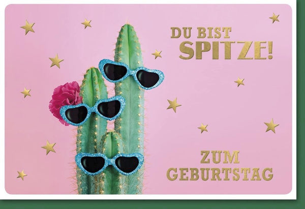 Lustige Geburtstagskarte mit Kaktus, Glitzerbrille & Sternen – Humorvolle Grüße in Grün, Pink & Gold für eine originelle Feier.