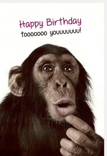 Lustige Geburtstagskarte mit Schimpanse - Happy Birthday Tiermotiv, Witzige Überraschungskarte für Spaß & Freude, Cartoon Illustration