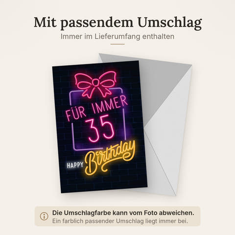 Lustige Geburtstagskarte - Neonröhre "Forever 35", Humorvolle Glückwünsche, Witziges Geschenk für die Party