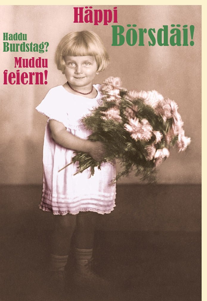 Lustige Geburtstagskarte Retro - "Häppi Börsdäi" Vintage - Design in Sepia & Rosa, Humorvolle Karte für Erwachsene, Freunde - "Haddu Burdstag Muddu"