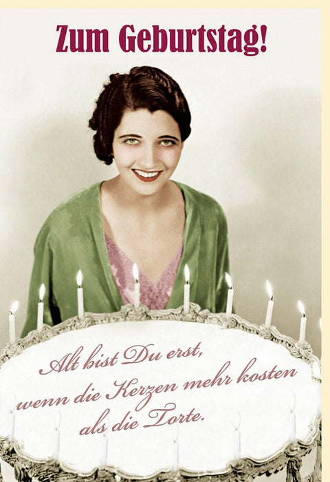 Lustige Geburtstagskarte Retro - Humorvolle Vintage Karte mit Spruch, Kerzen & Torte für eine spaßige Gratulation