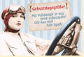 Lustige Geburtstagskarte: Retro-Pilotin im Flugzeug, Vintage Humor & Spruch 
