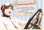 Lustige Geburtstagskarte: Retro - Pilotin im Flugzeug, Vintage Humor & Spruch 