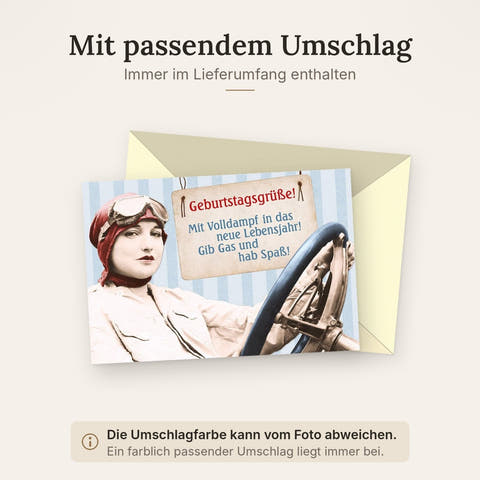Lustige Geburtstagskarte: Retro-Pilotin im Flugzeug, Vintage Humor & Spruch "Volldampf ins neue Lebensjahr!" - Spaßige Gratulation