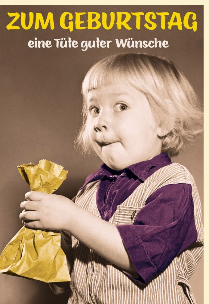 Lustige Geburtstagskarte Retro - Vintage Charme & Humor, Nostalgische Grüße für Kinder & Erwachsene mit Tüte Motiv