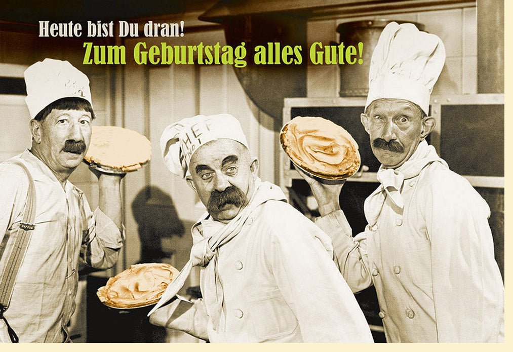 Lustige Geburtstagskarte Retro - Vintage Humor mit Kuchen & Chef - Spruch, Spaßige Glückwünsche für Party
