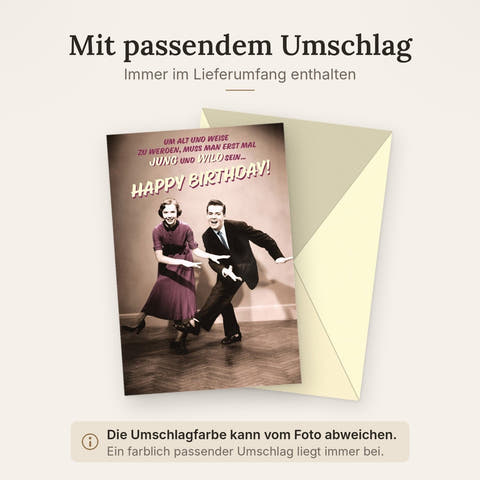 Lustige Geburtstagskarte Retro - Vintage Tanzmotiv, Humorvolle Sprüche, Schwarz-Weiß mit Farbakzent, Spaßige Glückwünsche zum Geburtstag