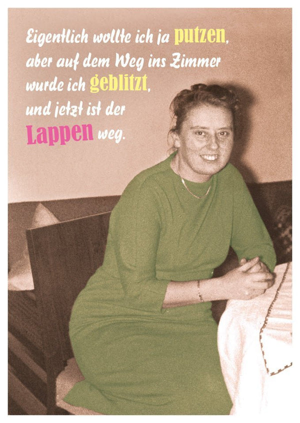 Lustige Postkarte: Blitzschnell Saubermachen – Lappen verschwunden!