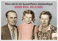 Lustige Postkarte: Elternsein ist wie ein Spannbettlaken zu falten – humorvoller Spruch für den Alltag