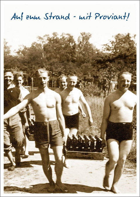 Lustige Postkarte für Sommer - & Freundetreffen: Retro - Strandgruppe mit Bier, Vintage Humor und Sonnenspaß
