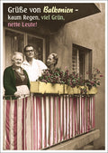 Lustige Postkarte: Grüße von Balkonien - Sonnenschein, viel Grün und nette Leute