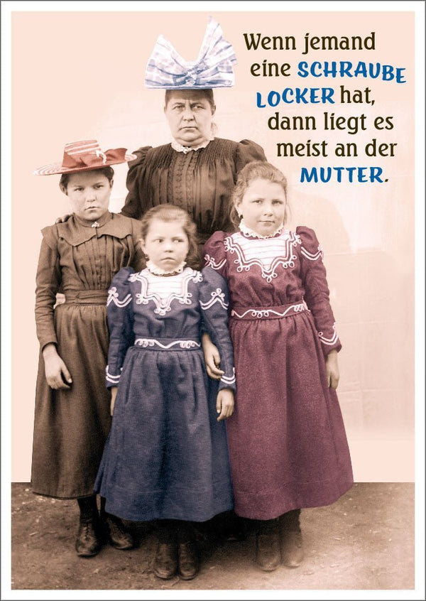Lustige Postkarte: Humorvoller Spruch über lockere Schrauben und Mütter