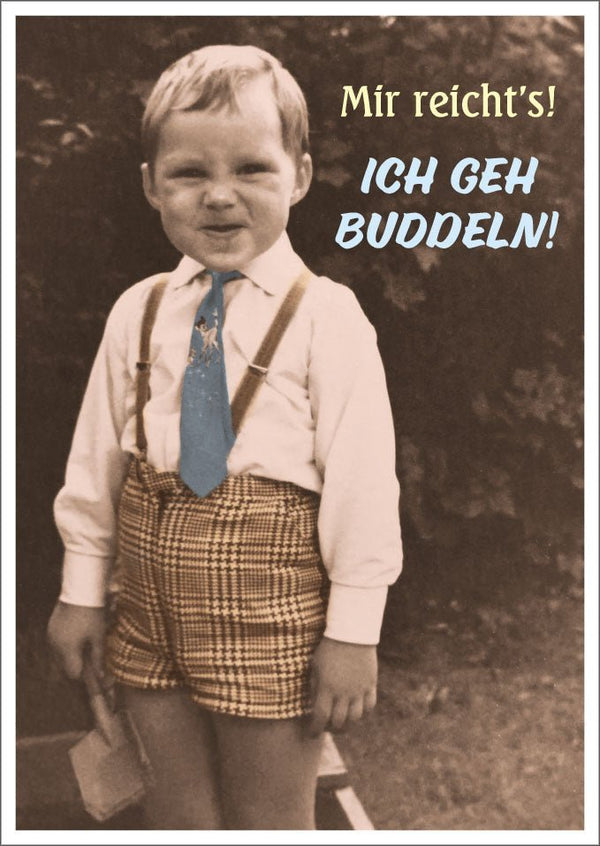 Lustige Postkarte im Retro-Stil: Sepia Schwarz-Weiß mit Schaufel-Spruch, Nostalgische Geschenkidee