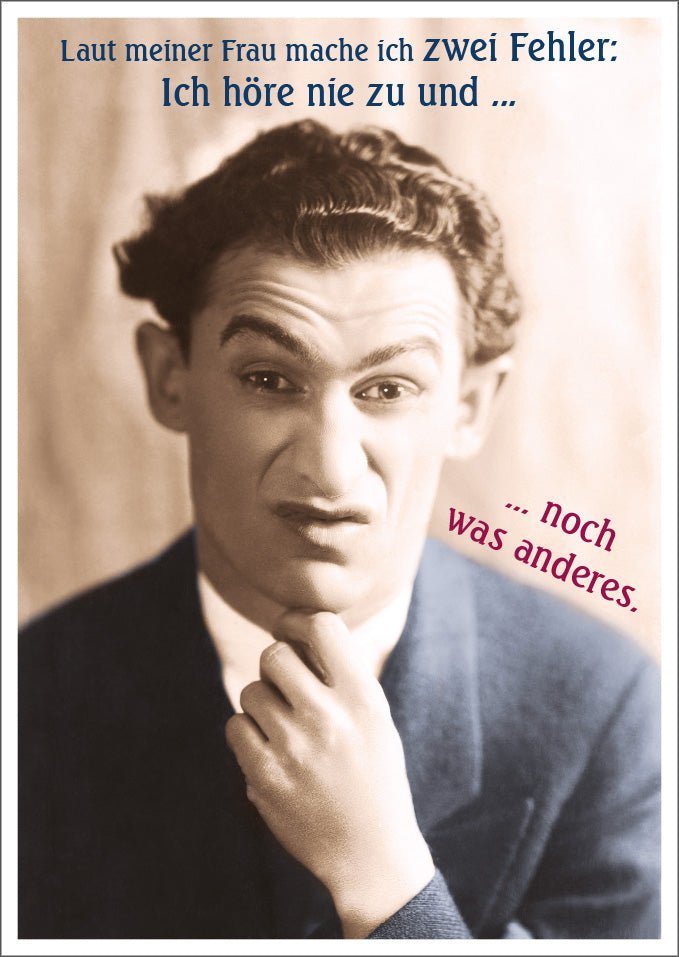 Lustige Postkarte: Laut meiner Frau mache ich zwei Fehler - Humorvolle Grüße für jeden Anlass