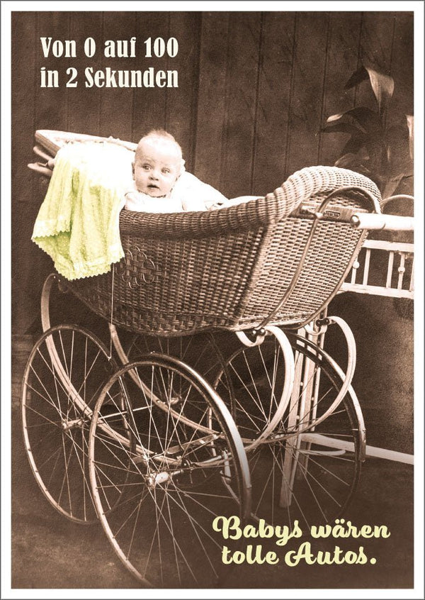 Lustige Postkarte mit Baby im Kinderwagen – Humorvoller Vintage-Witz im Retro-Design