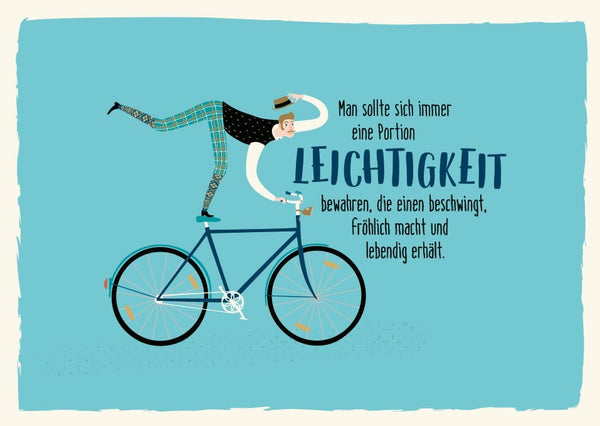 Lustige Postkarte mit Fahrrad-Motiv für Freunde und Familie – Humorvolle Typografie in Blau
