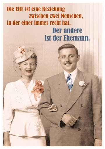 Lustige Postkarte mit Spruch: Die Ehe - Eine humorvolle Beziehung zwischen zwei Menschen