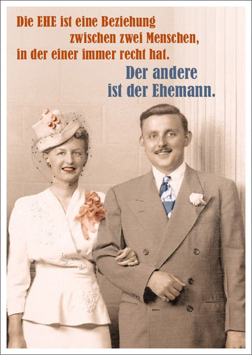 Lustige Postkarte mit Spruch: Die Ehe - Eine humorvolle Beziehung zwischen zwei Menschen