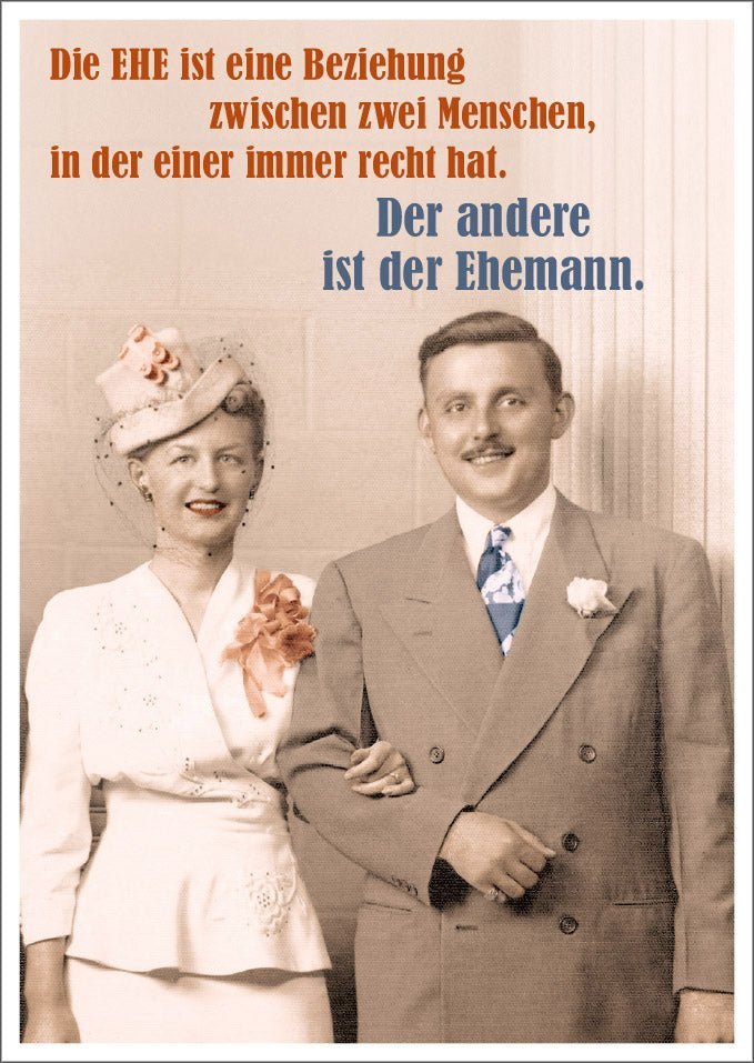 Lustige Postkarte mit Spruch: Die Ehe - Eine humorvolle Beziehung zwischen zwei Menschen