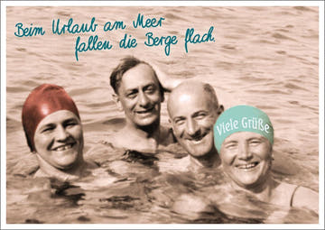 Lustige Postkarte - Retro - Design mit Meer, Bergen & Schwimmgruppe, Vintage Humor für Strandurlaub Erinnerungen
