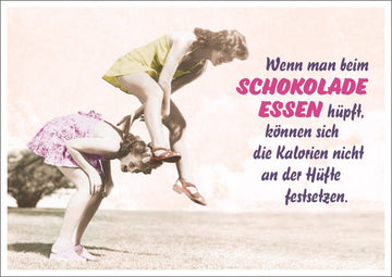 Lustige Postkarte: Retro Humor mit Spruch "Schokolade hüpft als Kalorie" – Witziges Diät & Fitness Geschenk
